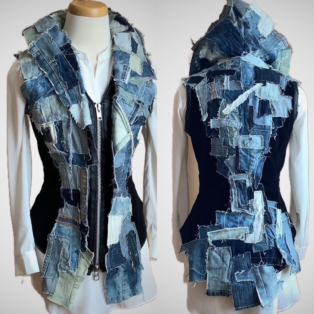 LOVEMATTERS Designer Black Corduroy & Patchwork Denim Hourglass Vest Size S - Picture 2 of 16